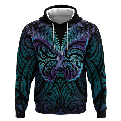 Suicide Prevention New Zealand Hoodie Aotearoa Maori Butterfly Mix Silver Fern