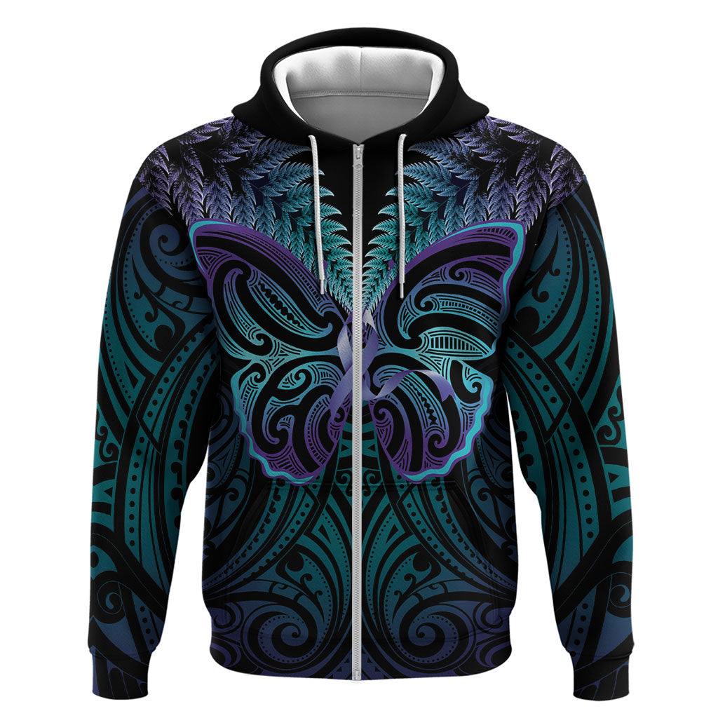 Suicide Prevention New Zealand Hoodie Aotearoa Maori Butterfly Mix Silver Fern