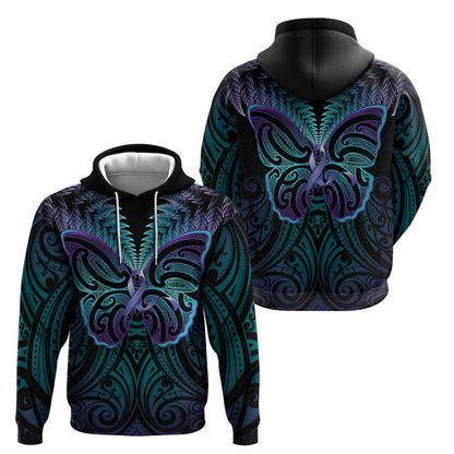 Suicide Prevention New Zealand Hoodie Aotearoa Maori Butterfly Mix Silver Fern