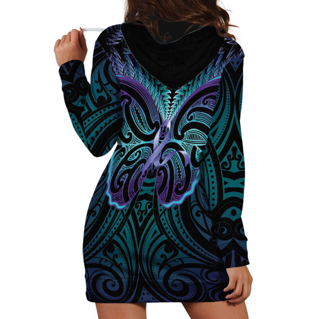 Suicide Prevention New Zealand Hoodie Dress Aotearoa Maori Butterfly Mix Silver Fern