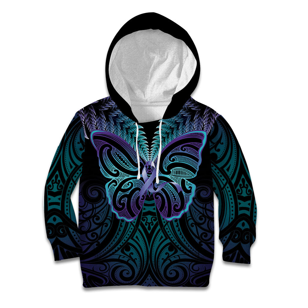 Suicide Prevention New Zealand Kid Hoodie Aotearoa Maori Butterfly Mix Silver Fern