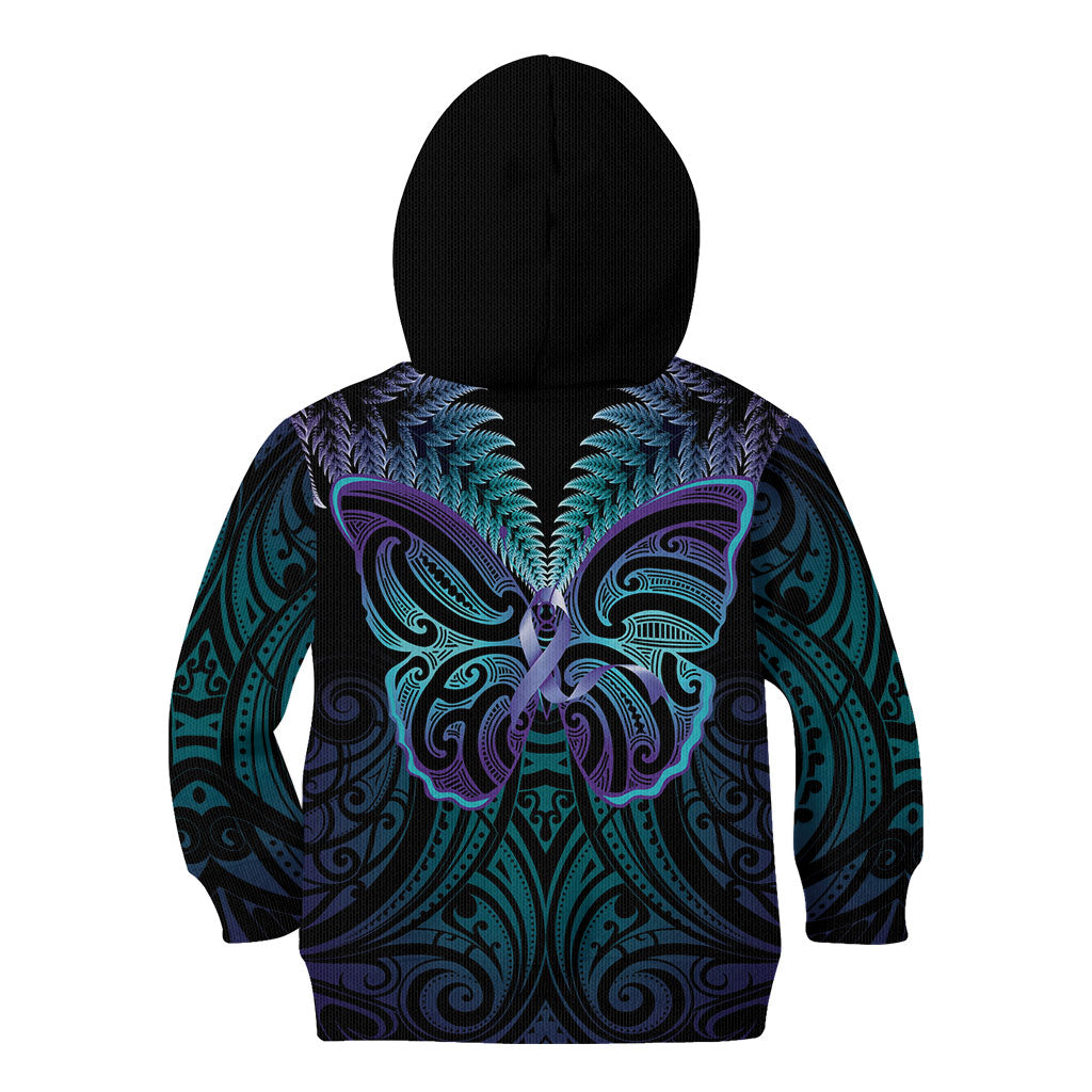 Suicide Prevention New Zealand Kid Hoodie Aotearoa Maori Butterfly Mix Silver Fern