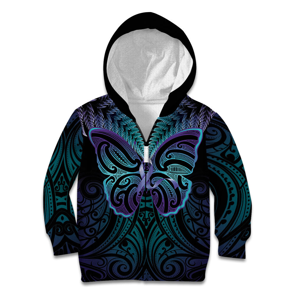 Suicide Prevention New Zealand Kid Hoodie Aotearoa Maori Butterfly Mix Silver Fern