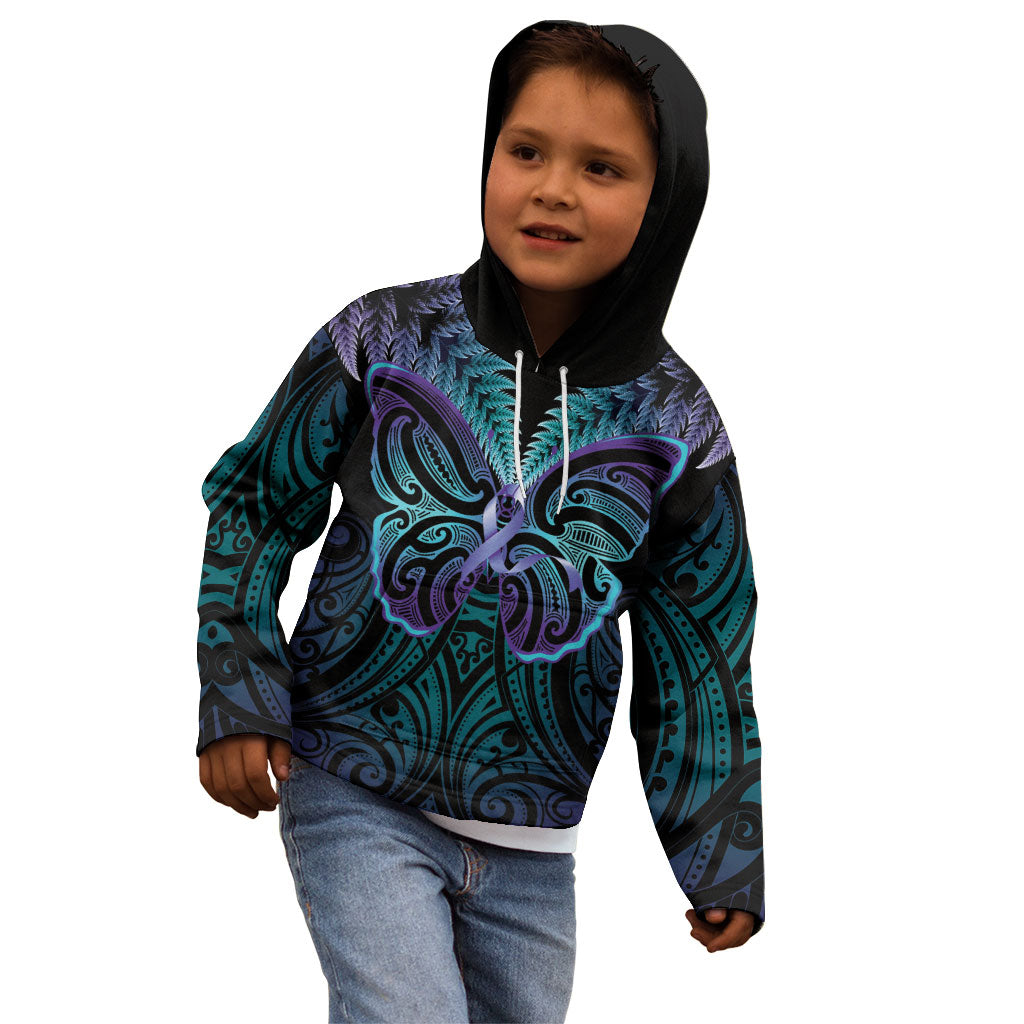 Suicide Prevention New Zealand Kid Hoodie Aotearoa Maori Butterfly Mix Silver Fern
