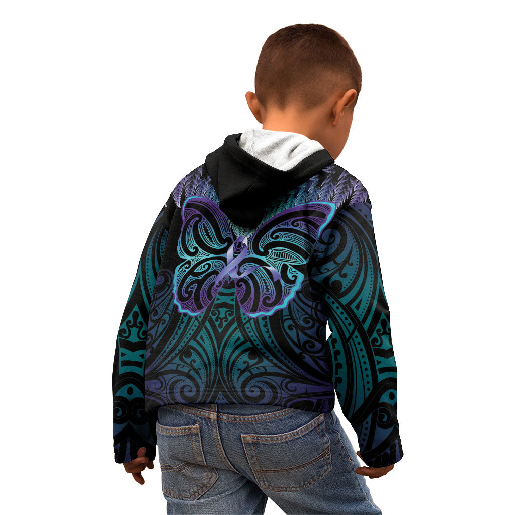 Suicide Prevention New Zealand Kid Hoodie Aotearoa Maori Butterfly Mix Silver Fern