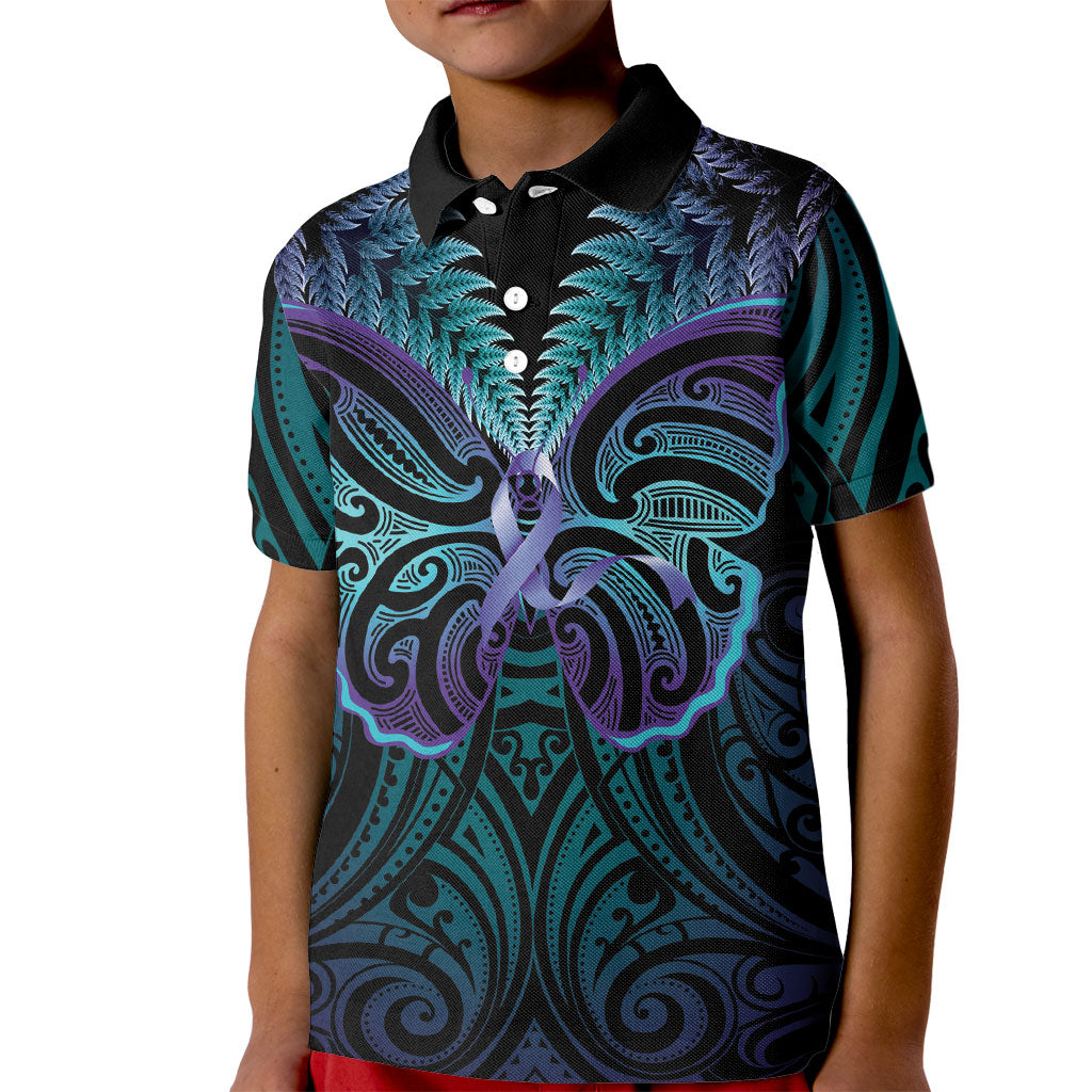 Suicide Prevention New Zealand Kid Polo Shirt Aotearoa Maori Butterfly Mix Silver Fern