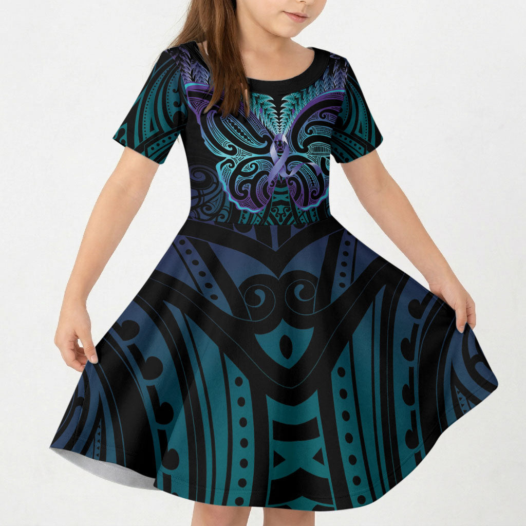 Suicide Prevention New Zealand Kid Short Sleeve Dress Aotearoa Maori Butterfly Mix Silver Fern