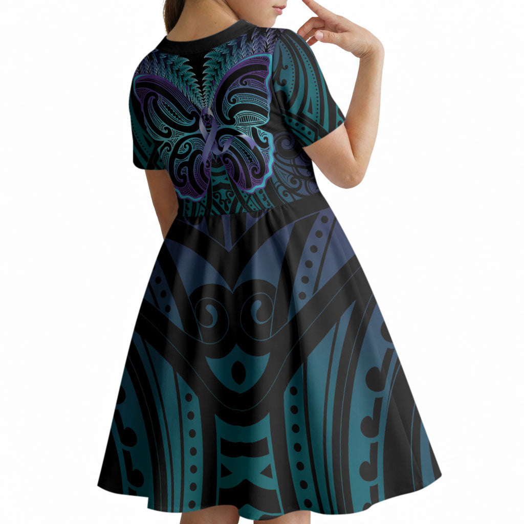 Suicide Prevention New Zealand Kid Short Sleeve Dress Aotearoa Maori Butterfly Mix Silver Fern