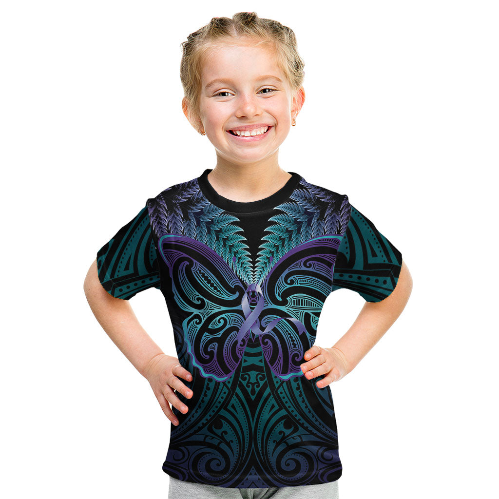 Suicide Prevention New Zealand Kid T Shirt Aotearoa Maori Butterfly Mix Silver Fern