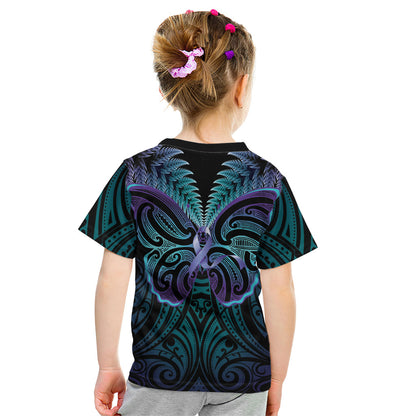 Suicide Prevention New Zealand Kid T Shirt Aotearoa Maori Butterfly Mix Silver Fern