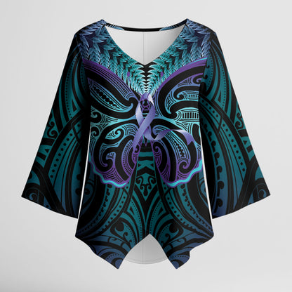 Suicide Prevention New Zealand Kimono Sleeve Blouse Aotearoa Maori Butterfly Mix Silver Fern