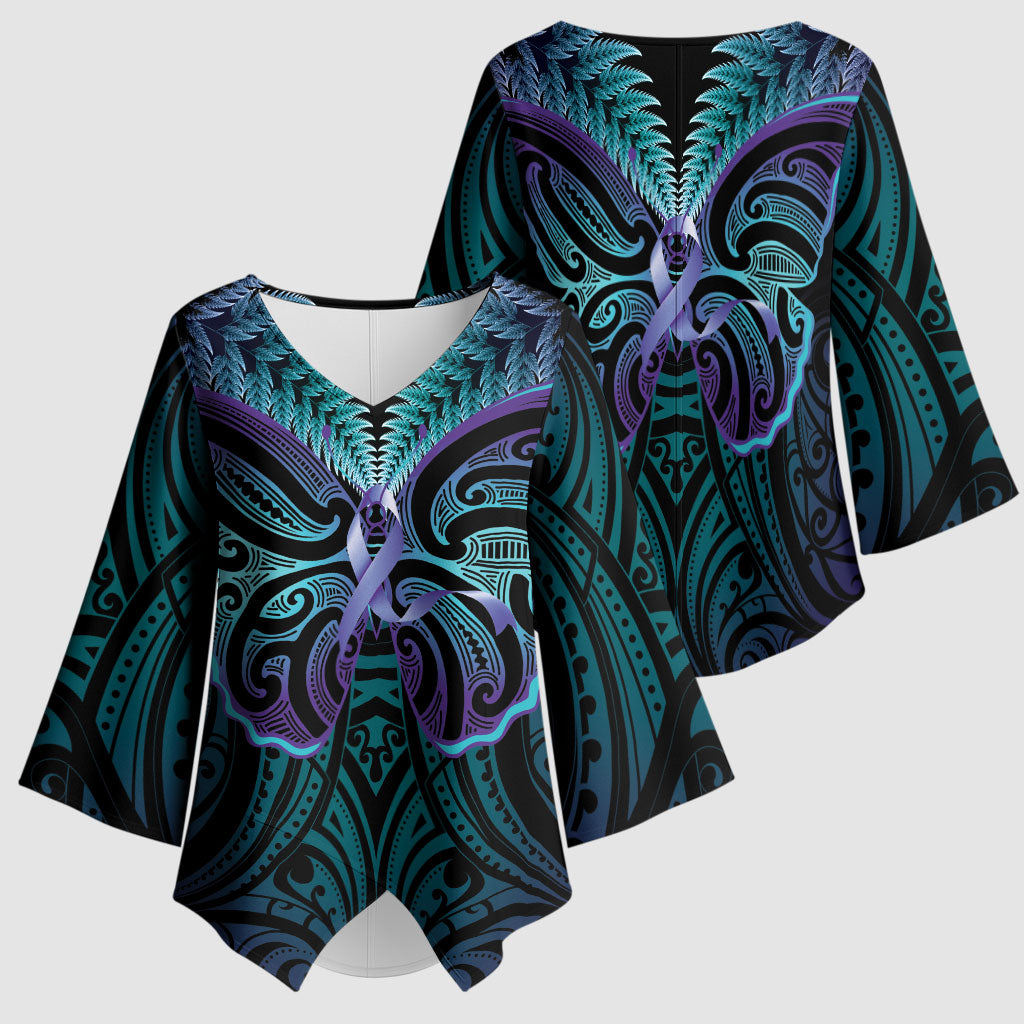 Suicide Prevention New Zealand Kimono Sleeve Blouse Aotearoa Maori Butterfly Mix Silver Fern