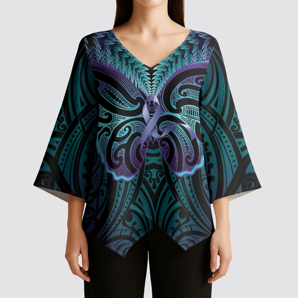 Suicide Prevention New Zealand Kimono Sleeve Blouse Aotearoa Maori Butterfly Mix Silver Fern