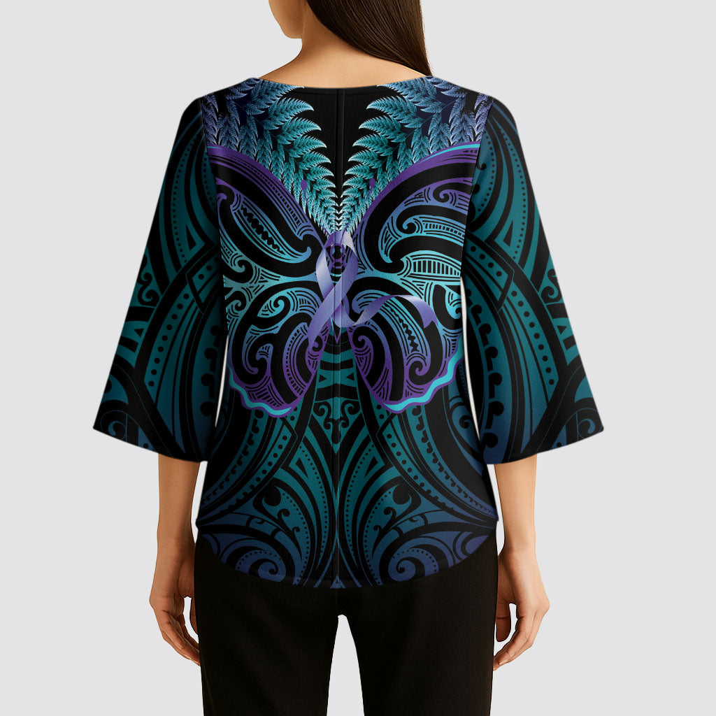 Suicide Prevention New Zealand Kimono Sleeve Blouse Aotearoa Maori Butterfly Mix Silver Fern