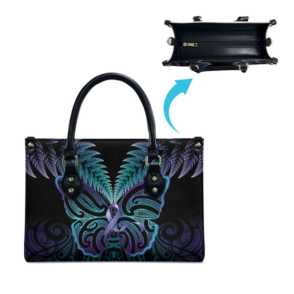 Suicide Prevention New Zealand Leather Bag Aotearoa Maori Butterfly Mix Silver Fern