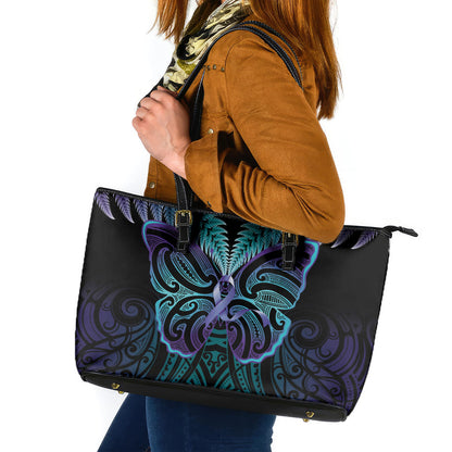 Suicide Prevention New Zealand Leather Tote Bag Aotearoa Maori Butterfly Mix Silver Fern