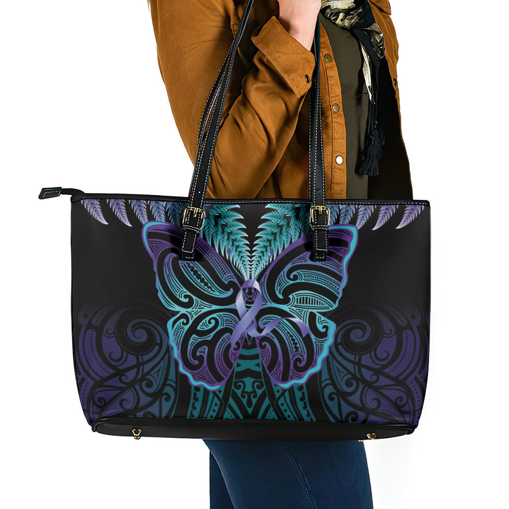 Suicide Prevention New Zealand Leather Tote Bag Aotearoa Maori Butterfly Mix Silver Fern