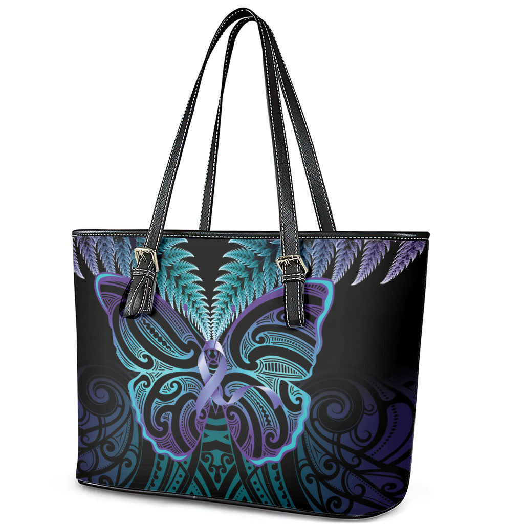 Suicide Prevention New Zealand Leather Tote Bag Aotearoa Maori Butterfly Mix Silver Fern