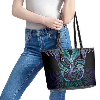 Suicide Prevention New Zealand Leather Tote Bag Aotearoa Maori Butterfly Mix Silver Fern