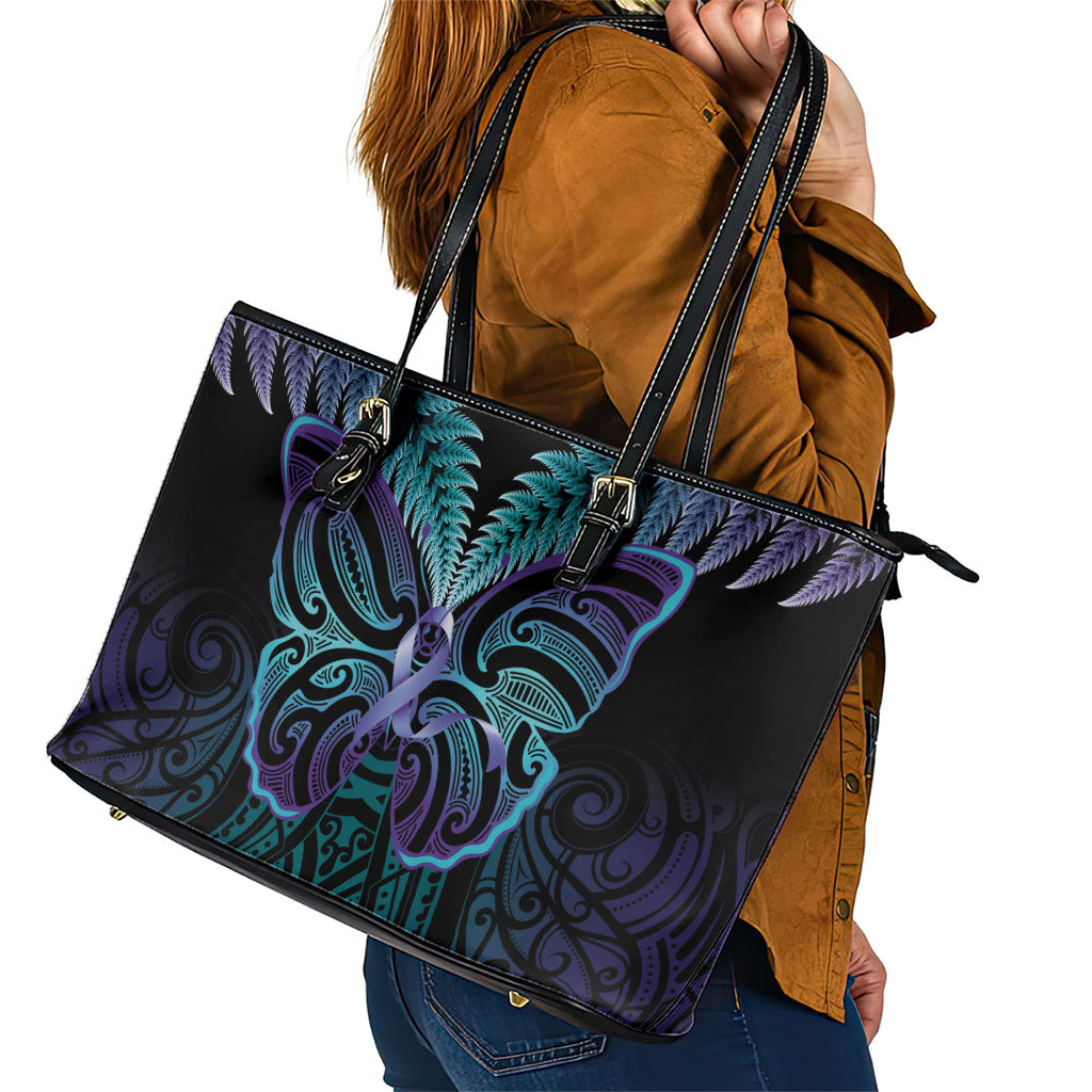 Suicide Prevention New Zealand Leather Tote Bag Aotearoa Maori Butterfly Mix Silver Fern