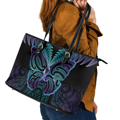 Suicide Prevention New Zealand Leather Tote Bag Aotearoa Maori Butterfly Mix Silver Fern