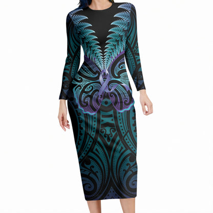 Suicide Prevention New Zealand Long Sleeve Bodycon Dress Aotearoa Maori Butterfly Mix Silver Fern
