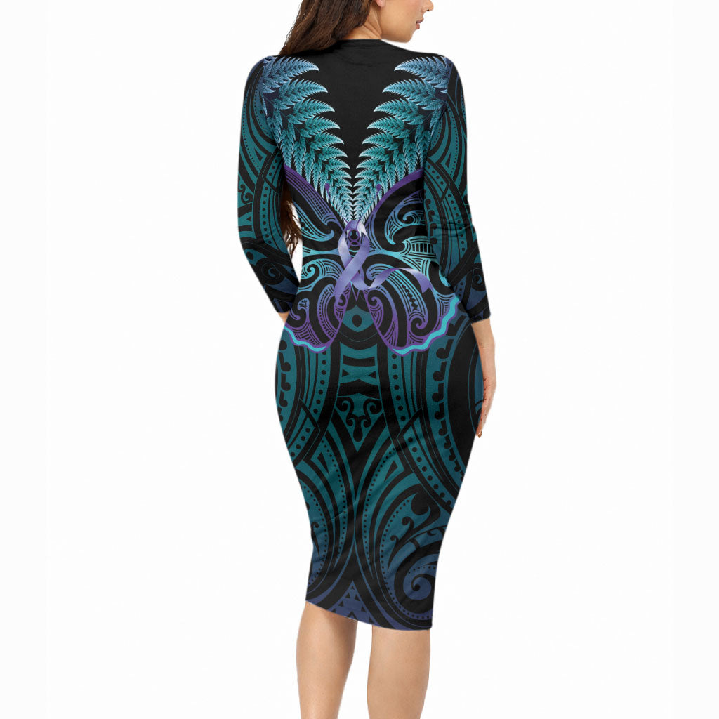Suicide Prevention New Zealand Long Sleeve Bodycon Dress Aotearoa Maori Butterfly Mix Silver Fern