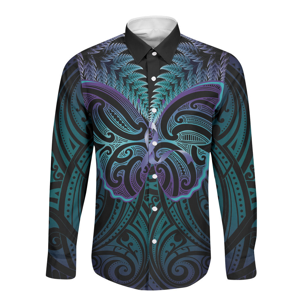 Suicide Prevention New Zealand Long Sleeve Button Shirt Aotearoa Maori Butterfly Mix Silver Fern
