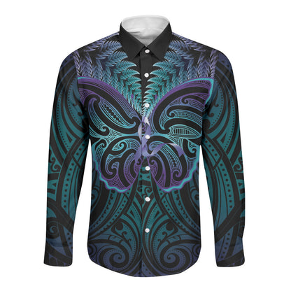 Suicide Prevention New Zealand Long Sleeve Button Shirt Aotearoa Maori Butterfly Mix Silver Fern