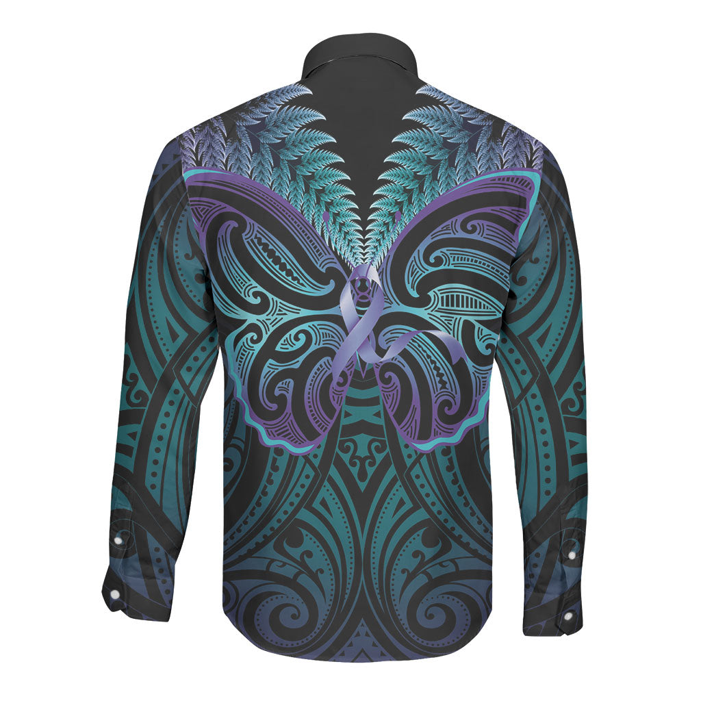Suicide Prevention New Zealand Long Sleeve Button Shirt Aotearoa Maori Butterfly Mix Silver Fern