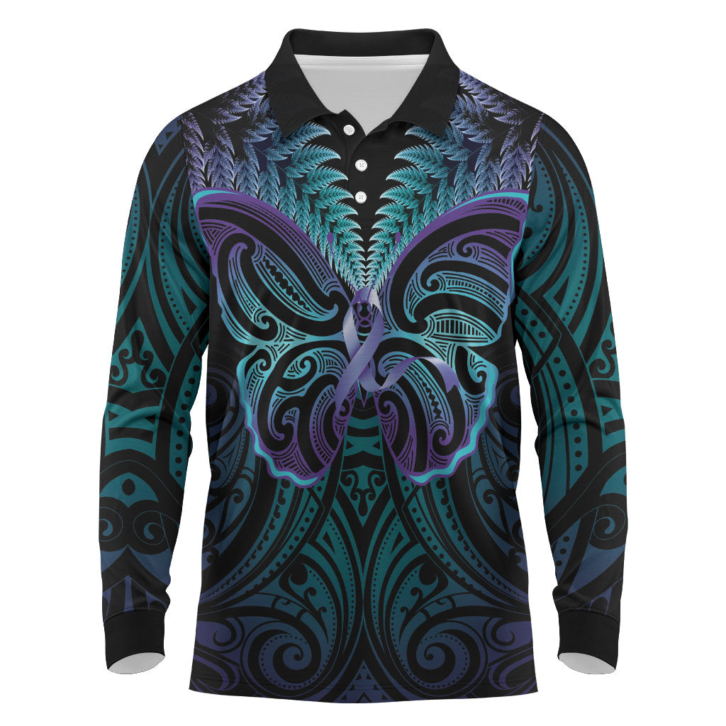 Suicide Prevention New Zealand Long Sleeve Polo Shirt Aotearoa Maori Butterfly Mix Silver Fern