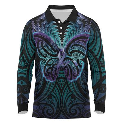 Suicide Prevention New Zealand Long Sleeve Polo Shirt Aotearoa Maori Butterfly Mix Silver Fern