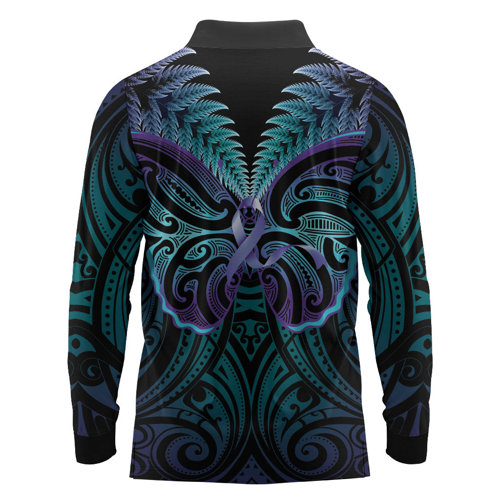 Suicide Prevention New Zealand Long Sleeve Polo Shirt Aotearoa Maori Butterfly Mix Silver Fern
