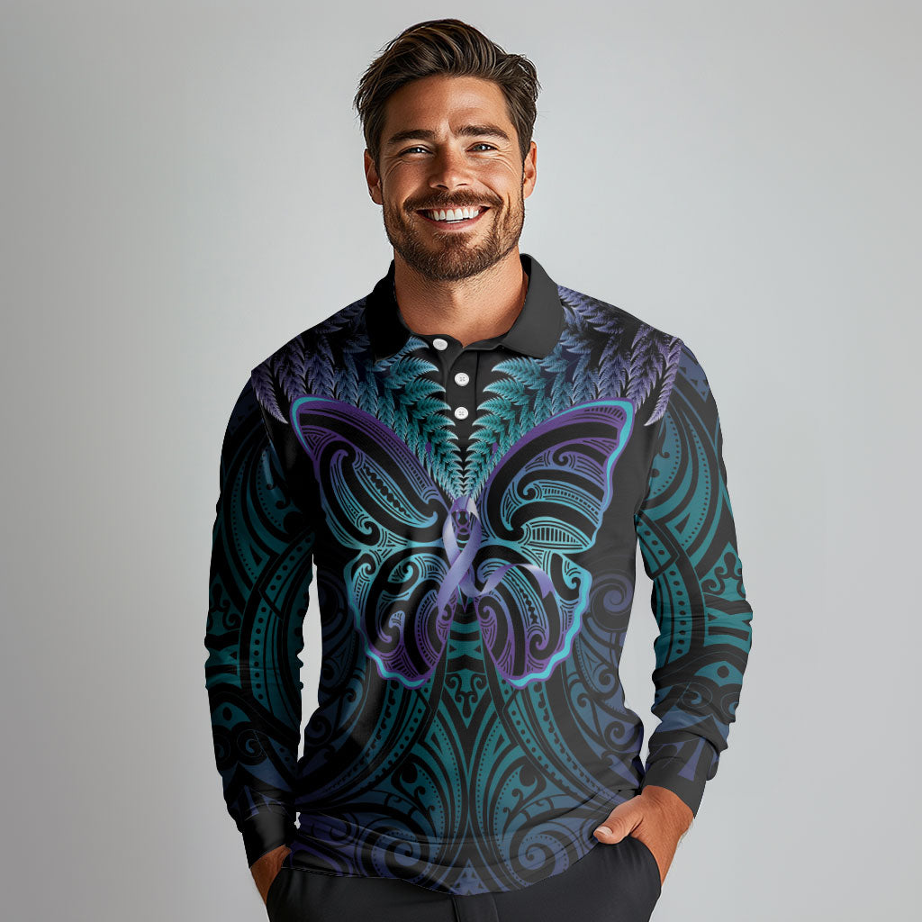 Suicide Prevention New Zealand Long Sleeve Polo Shirt Aotearoa Maori Butterfly Mix Silver Fern