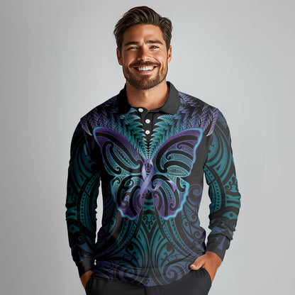 Suicide Prevention New Zealand Long Sleeve Polo Shirt Aotearoa Maori Butterfly Mix Silver Fern