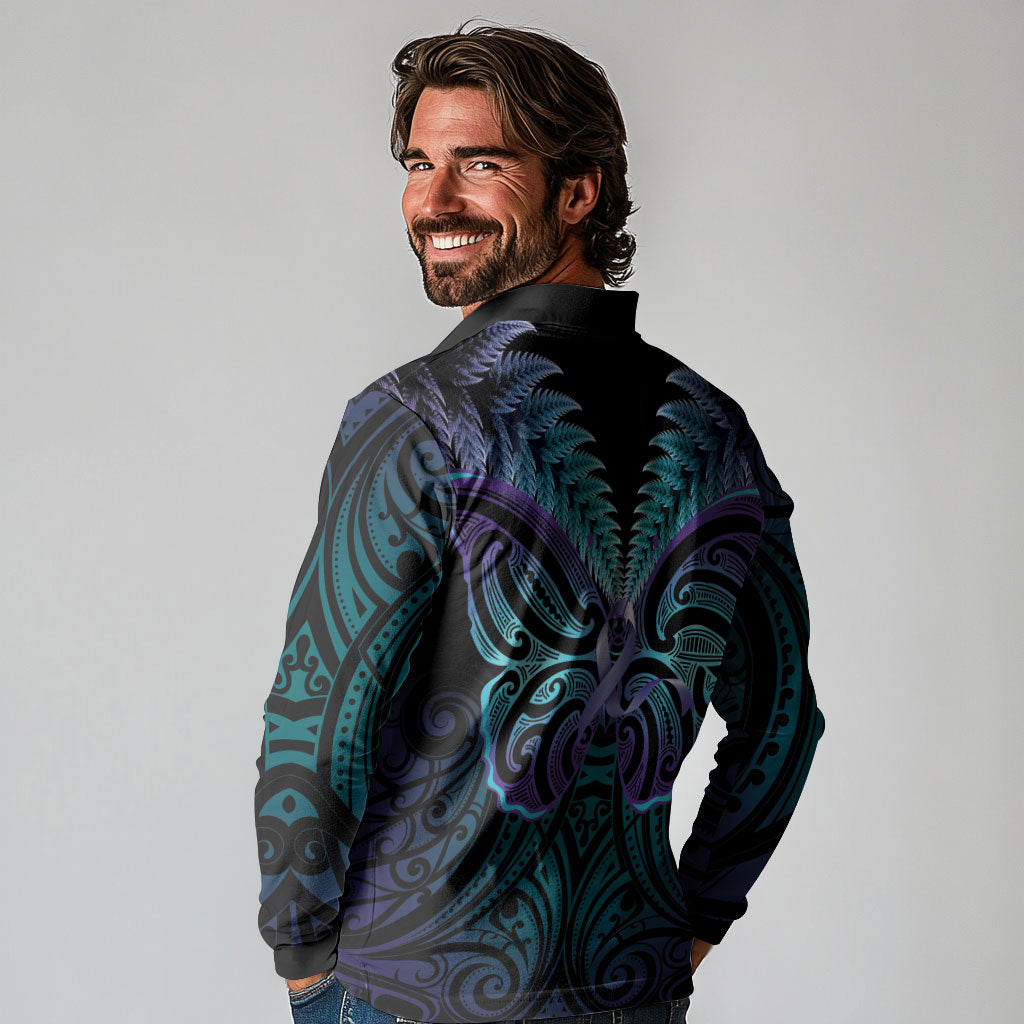 Suicide Prevention New Zealand Long Sleeve Polo Shirt Aotearoa Maori Butterfly Mix Silver Fern