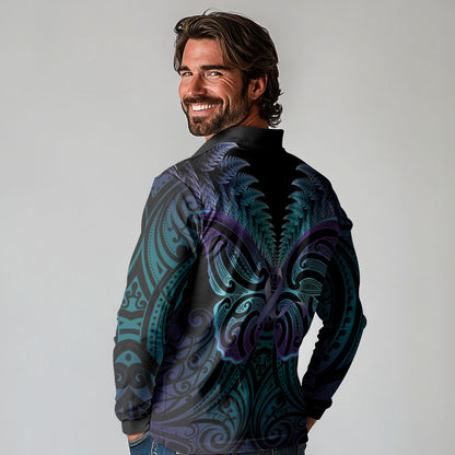 Suicide Prevention New Zealand Long Sleeve Polo Shirt Aotearoa Maori Butterfly Mix Silver Fern
