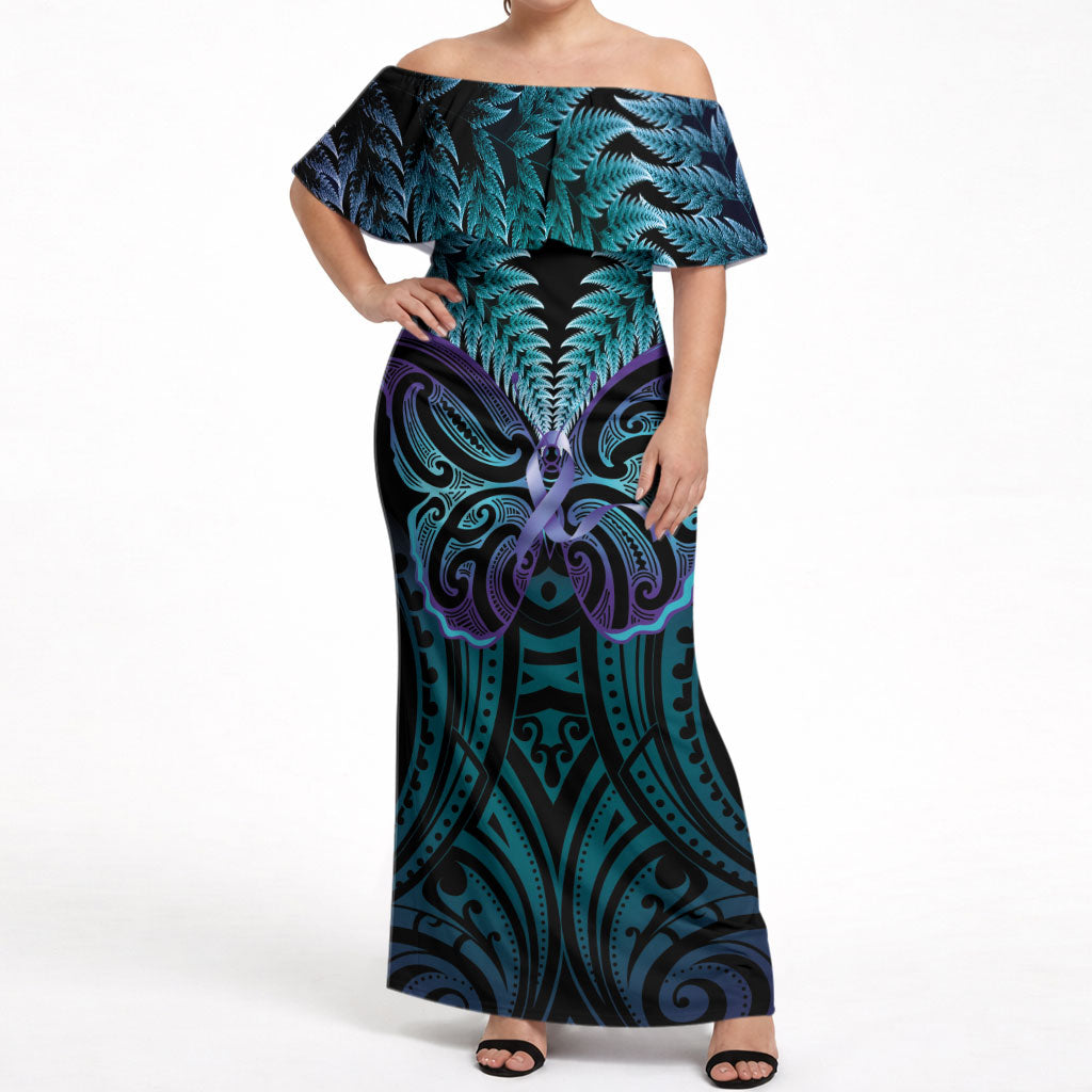 Suicide Prevention New Zealand Off Shoulder Maxi Dress Aotearoa Maori Butterfly Mix Silver Fern