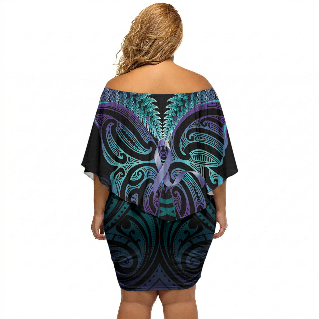 Suicide Prevention New Zealand Off Shoulder Short Dress Aotearoa Maori Butterfly Mix Silver Fern
