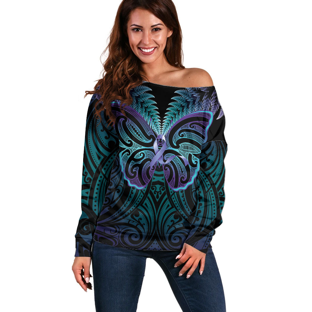 Suicide Prevention New Zealand Off Shoulder Sweater Aotearoa Maori Butterfly Mix Silver Fern