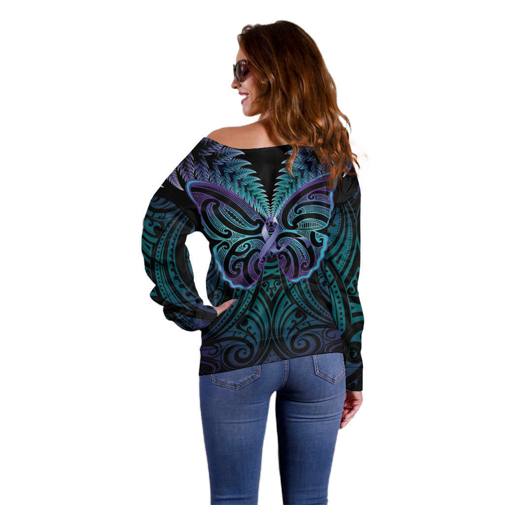 Suicide Prevention New Zealand Off Shoulder Sweater Aotearoa Maori Butterfly Mix Silver Fern