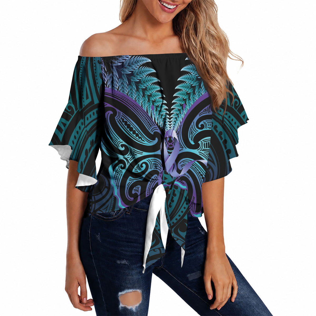 Suicide Prevention New Zealand Off Shoulder Wrap Waist Top Aotearoa Maori Butterfly Mix Silver Fern