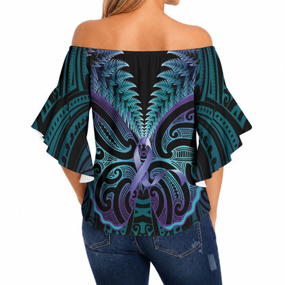Suicide Prevention New Zealand Off Shoulder Wrap Waist Top Aotearoa Maori Butterfly Mix Silver Fern