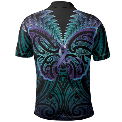 Suicide Prevention New Zealand Polo Shirt Aotearoa Maori Butterfly Mix Silver Fern