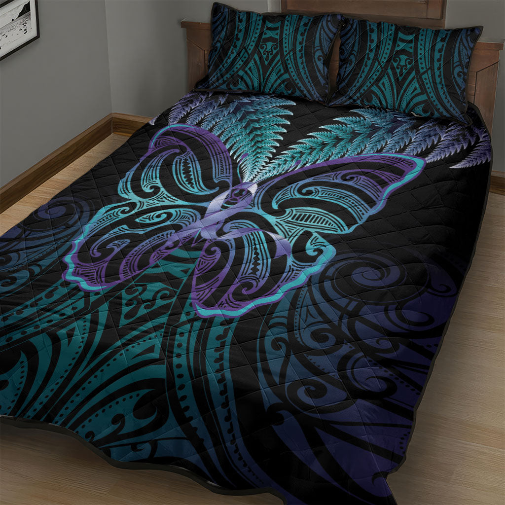 Suicide Prevention New Zealand Quilt Bed Set Aotearoa Maori Butterfly Mix Silver Fern