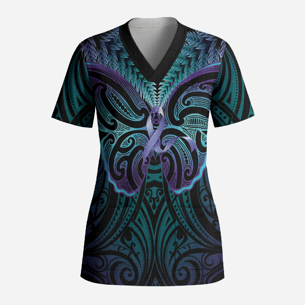Suicide Prevention New Zealand Scrub Top Aotearoa Maori Butterfly Mix Silver Fern