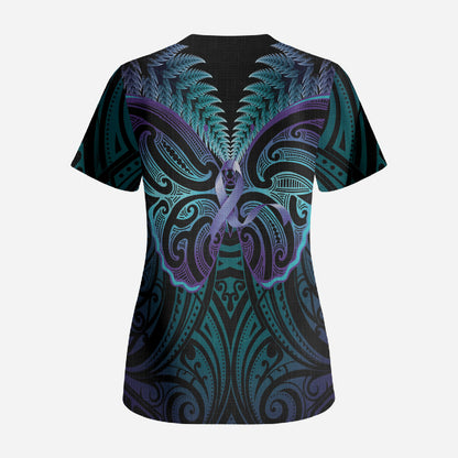 Suicide Prevention New Zealand Scrub Top Aotearoa Maori Butterfly Mix Silver Fern