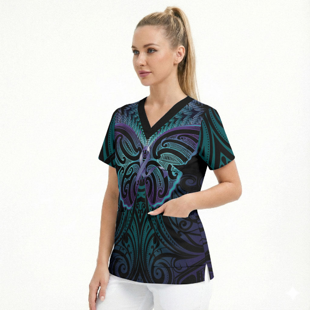Suicide Prevention New Zealand Scrub Top Aotearoa Maori Butterfly Mix Silver Fern