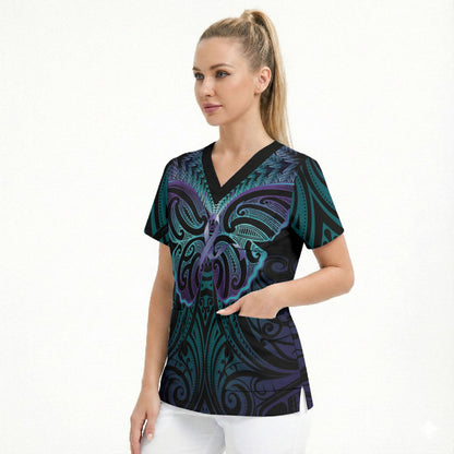 Suicide Prevention New Zealand Scrub Top Aotearoa Maori Butterfly Mix Silver Fern