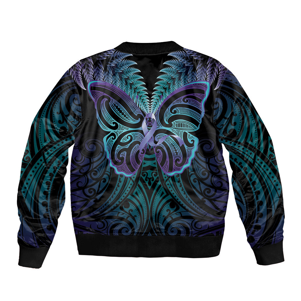 Suicide Prevention New Zealand Sleeve Zip Bomber Jacket Aotearoa Maori Butterfly Mix Silver Fern